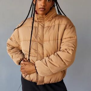 Urban Outfitters Hooded Quilted Puffer Jacket Beige Women’s S Zip Snap Lined